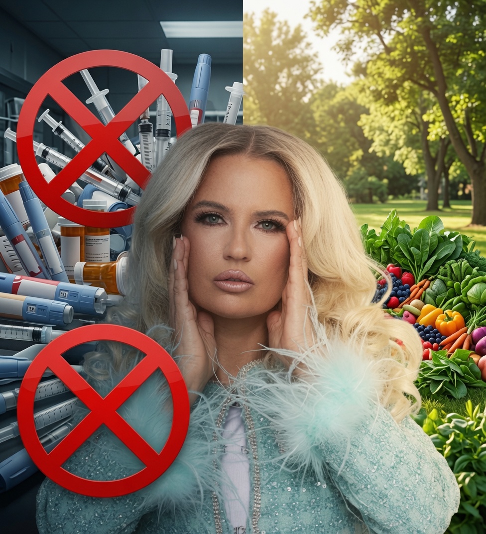 Naturopathic Doctor Randi Shannon between crossed-out GLP-1 weight-loss injections and fresh whole foods — a natural, root-cause alternative to Ozempic